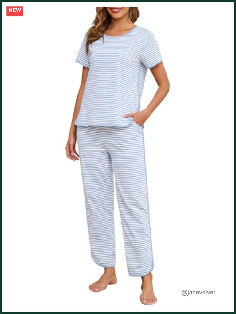 Womens 2 Piece Cotton Pajama Set Striped Short Sleeve Lounge Sleepwear With